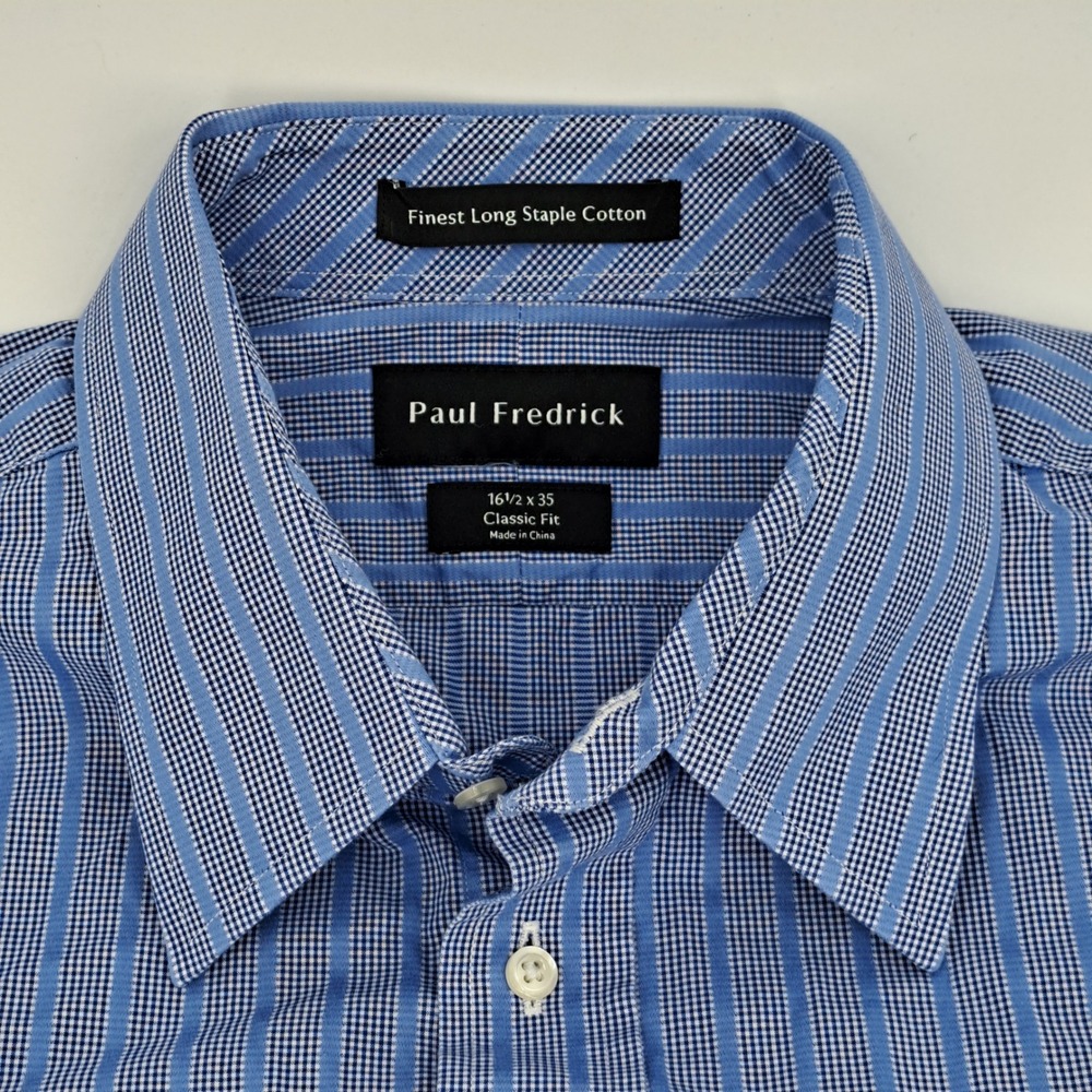 Paul Fredrick Classic Fit Dress Shirt Mens 16.5 x 35 Cotton Blue Striped Check - Picture 5 of 9